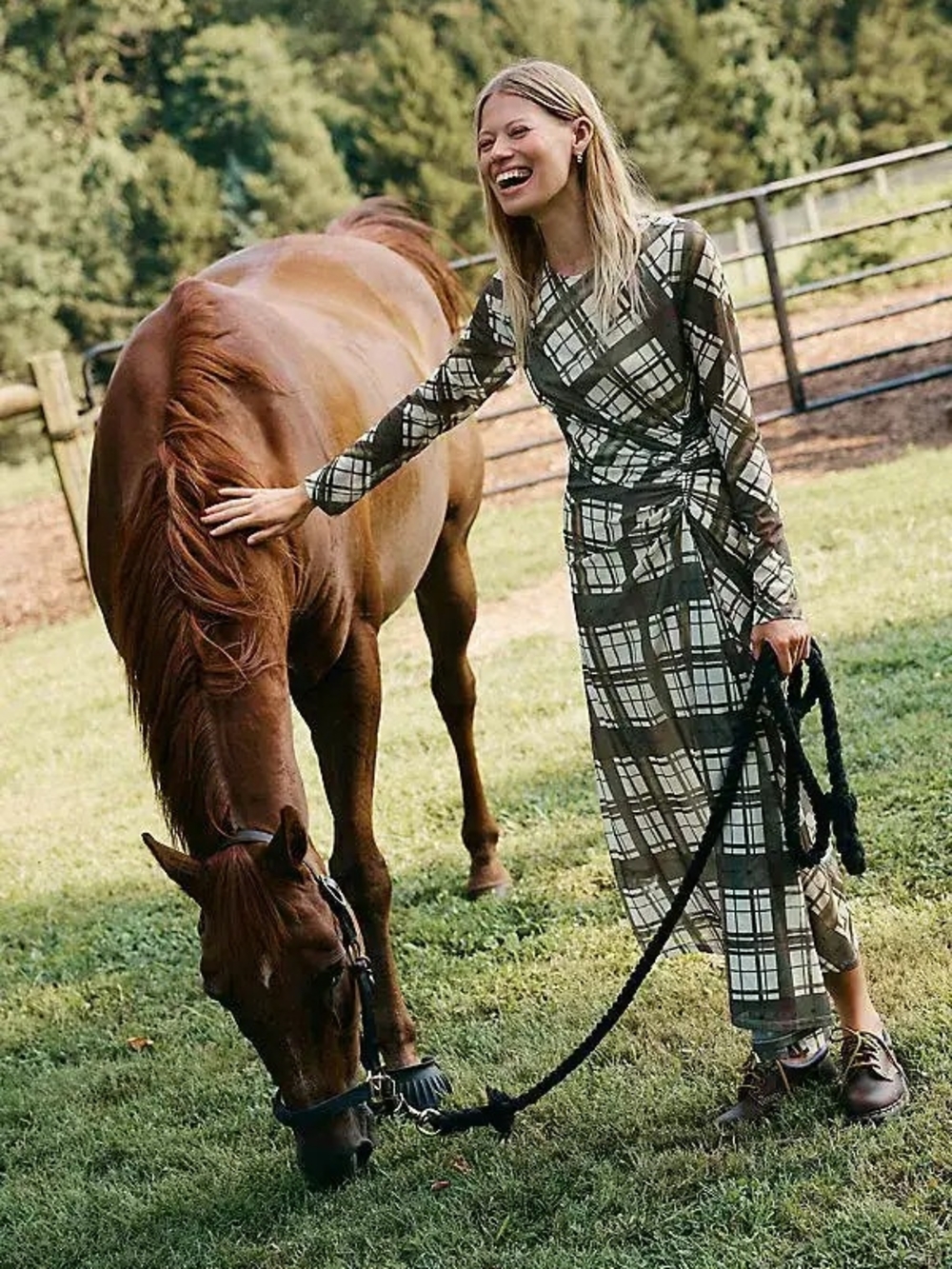 Anthropologie Plaid Long-Sleeve Ruched Mesh Midi Dress